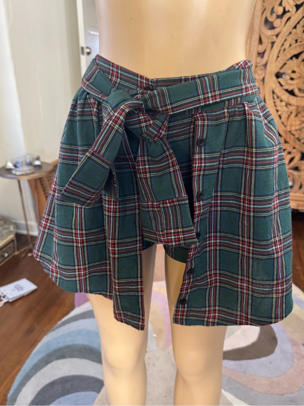 Green Plaid Button-Front Mini Skirt with Tie Waist